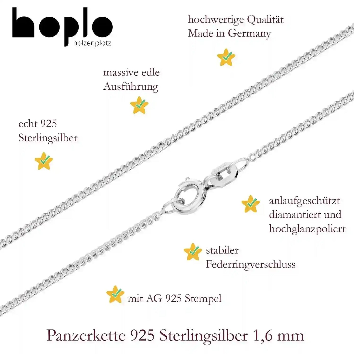 Silberkette Panzerkette Halskette Breite 1,6 mm echt massiv 925 Silber - Firma Holzenplotz - Silberketten-Goldketten.de 