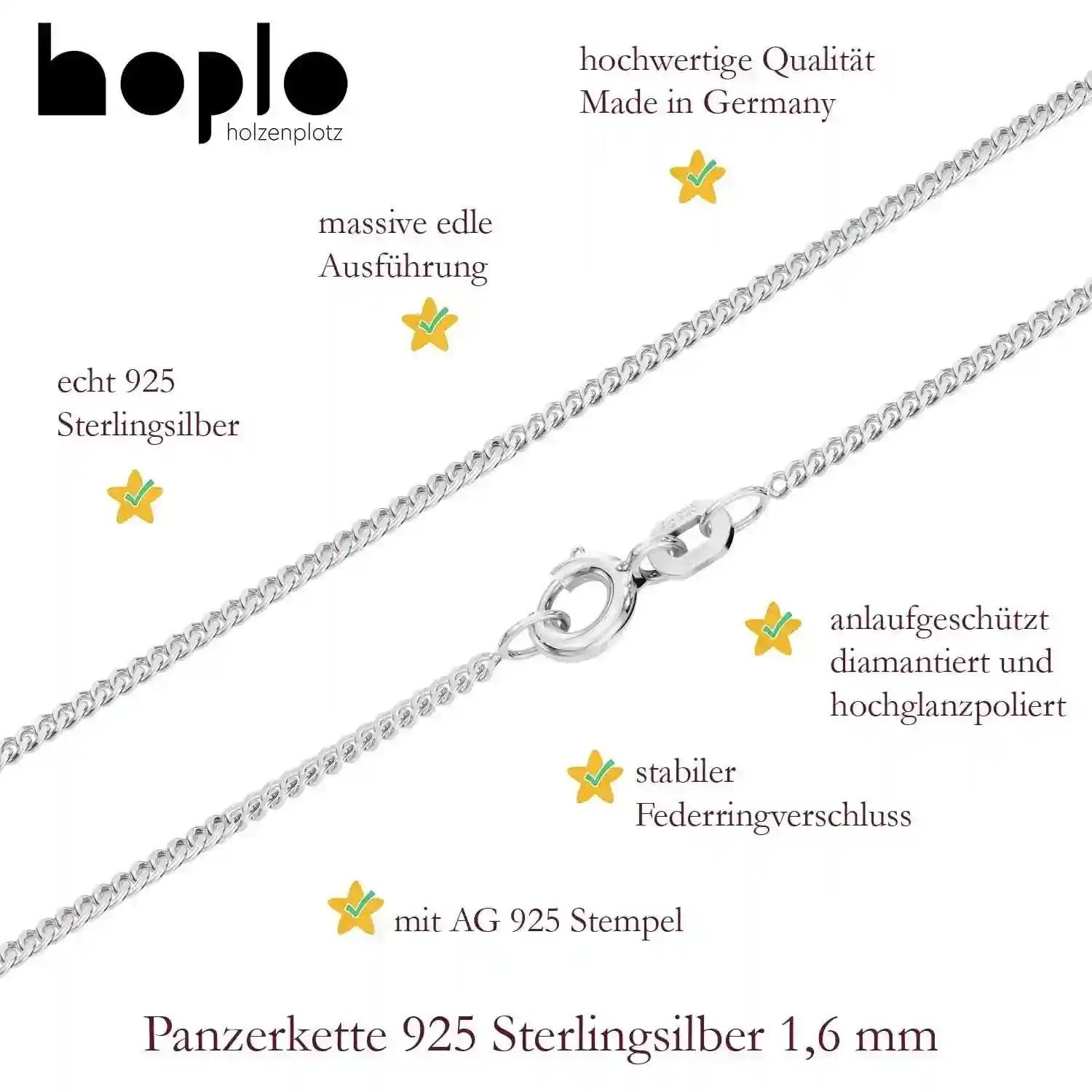 Silberkette Panzerkette Halskette Breite 1,6 mm echt massiv 925 Silber - Firma Holzenplotz - Silberketten-Goldketten.de 