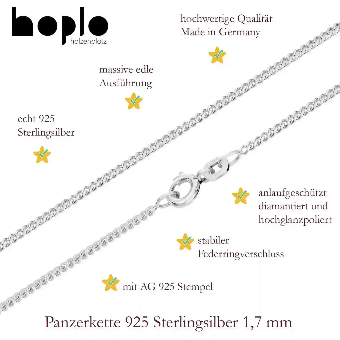 Silberkette Panzerkette Halskette Breite 1,7 mm echt massiv 925 Silber - Firma Holzenplotz - Silberketten-Goldketten.de 