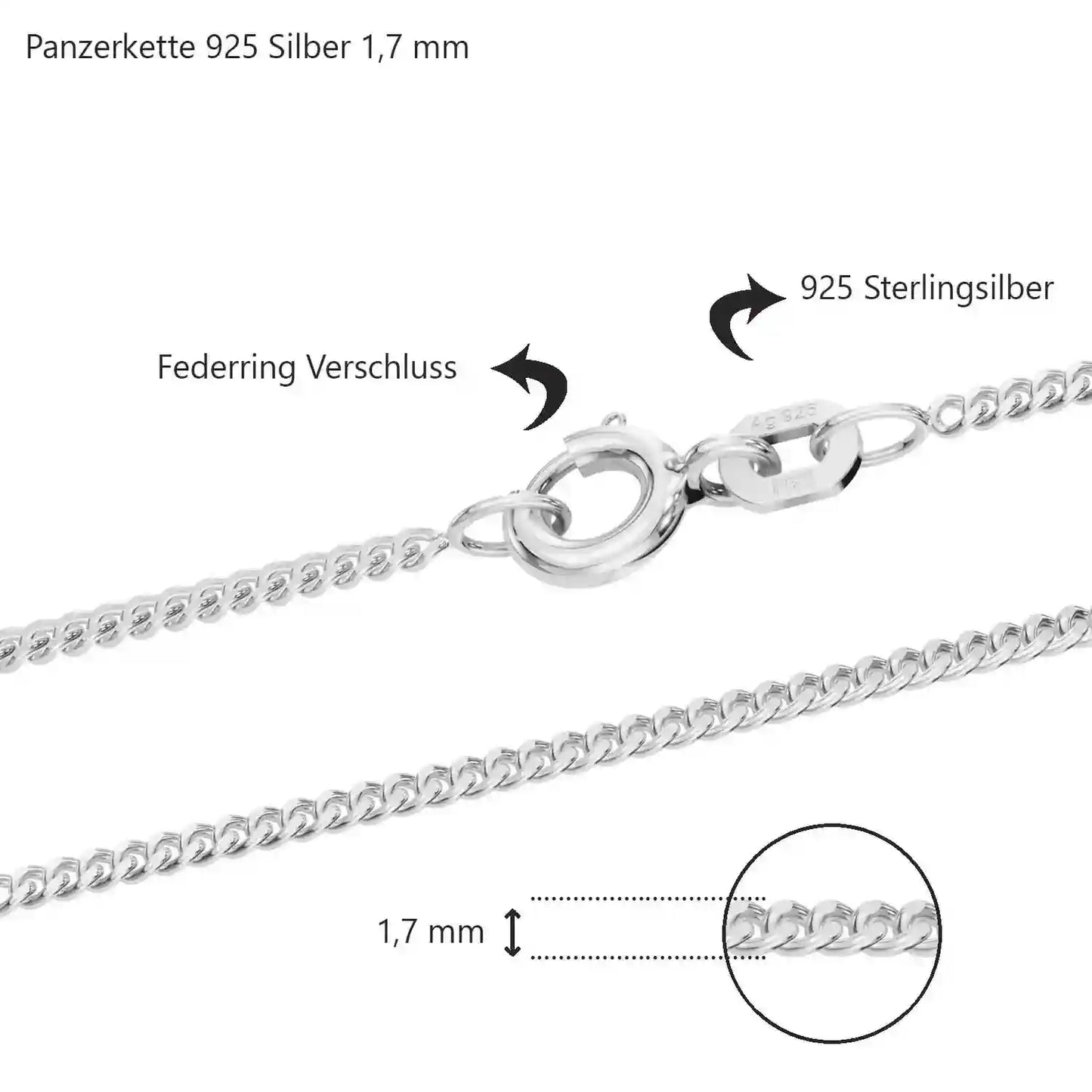 Silberkette Panzerkette Halskette Breite 1,7 mm echt massiv 925 Silber - Firma Holzenplotz - Silberketten-Goldketten.de 