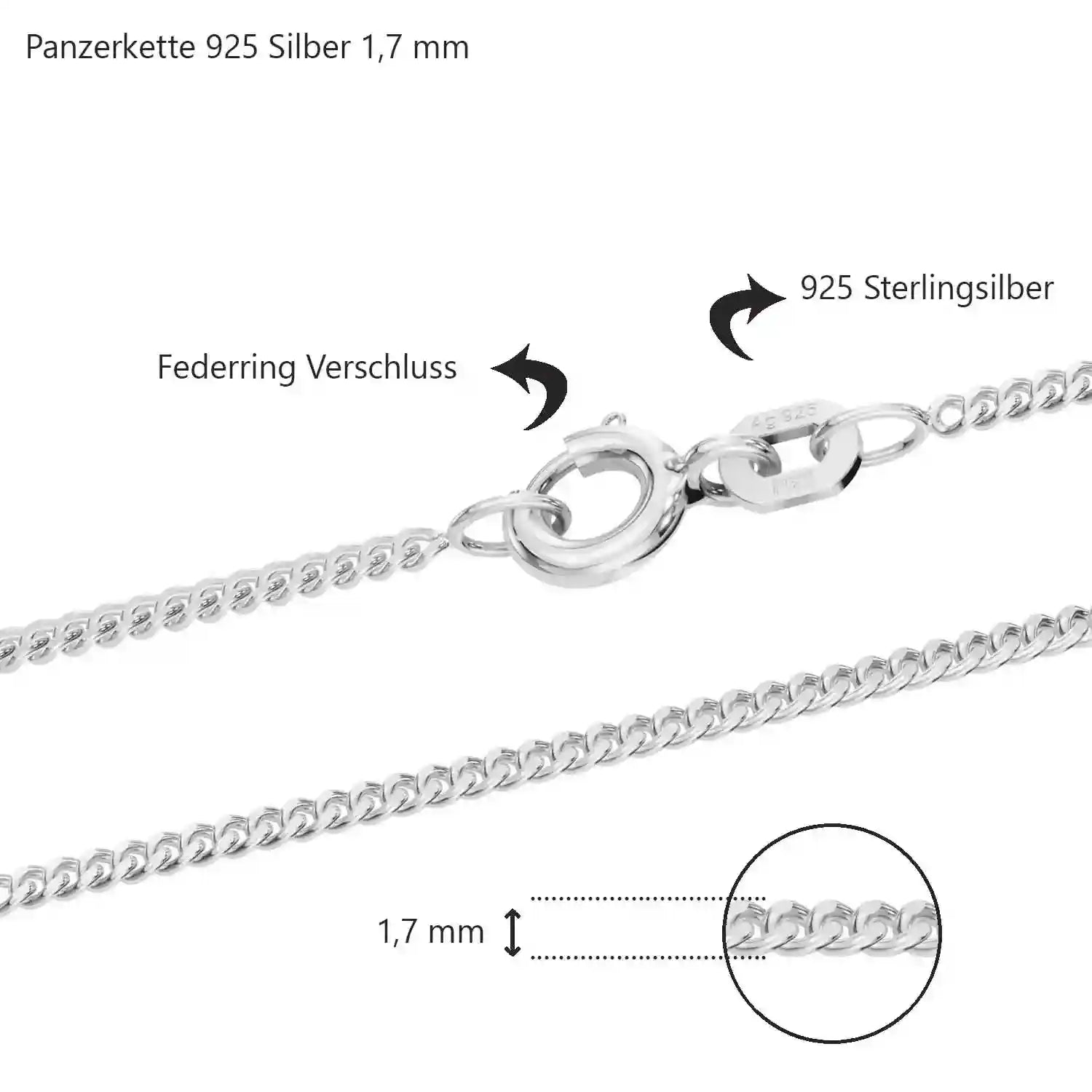 Silberkette Panzerkette Halskette Breite 1,7 mm echt massiv 925 Silber - Firma Holzenplotz - Silberketten-Goldketten.de 