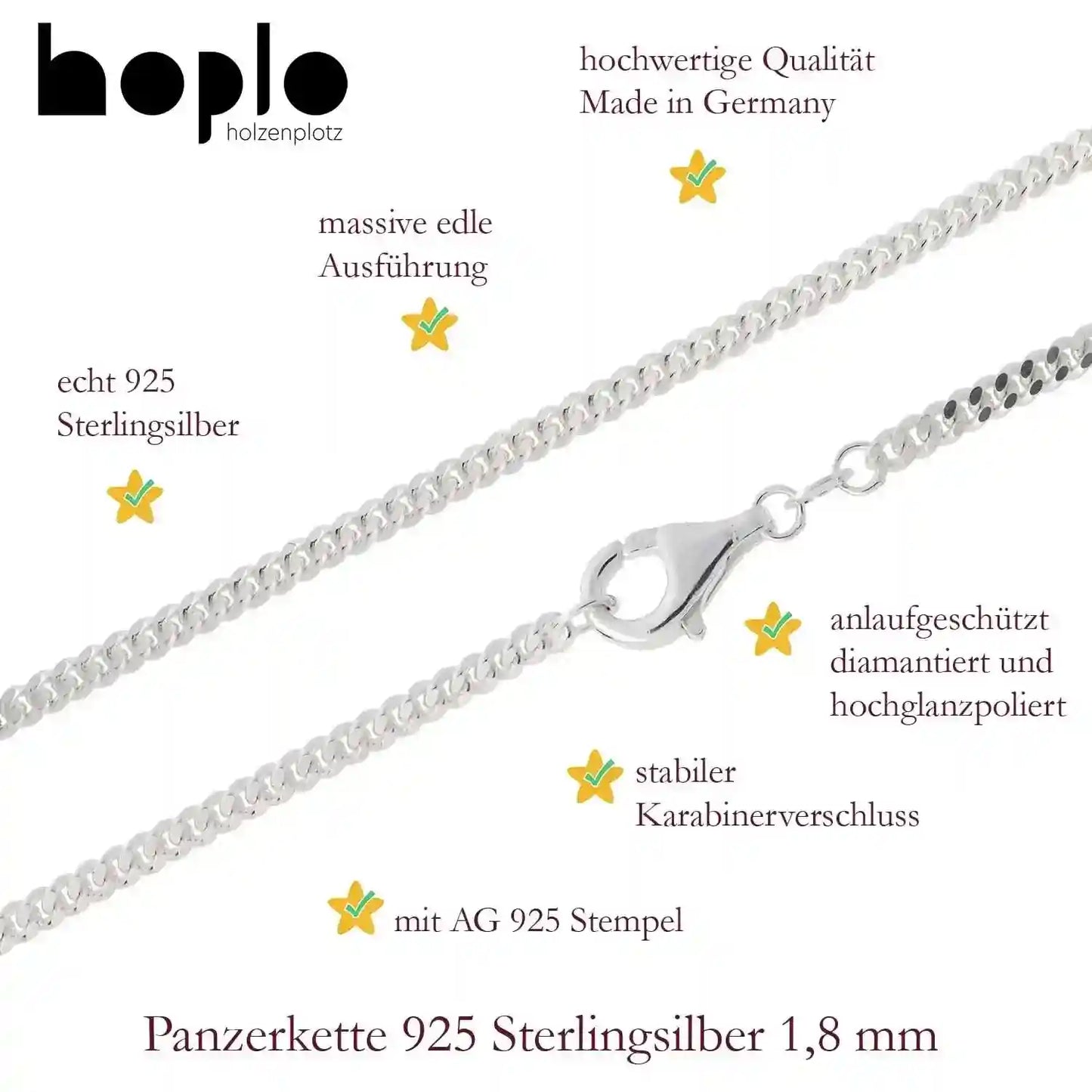 Silberkette Panzerkette Halskette Breite 1,8 mm echt massiv 925 Silber - Firma Holzenplotz - Silberketten-Goldketten.de 