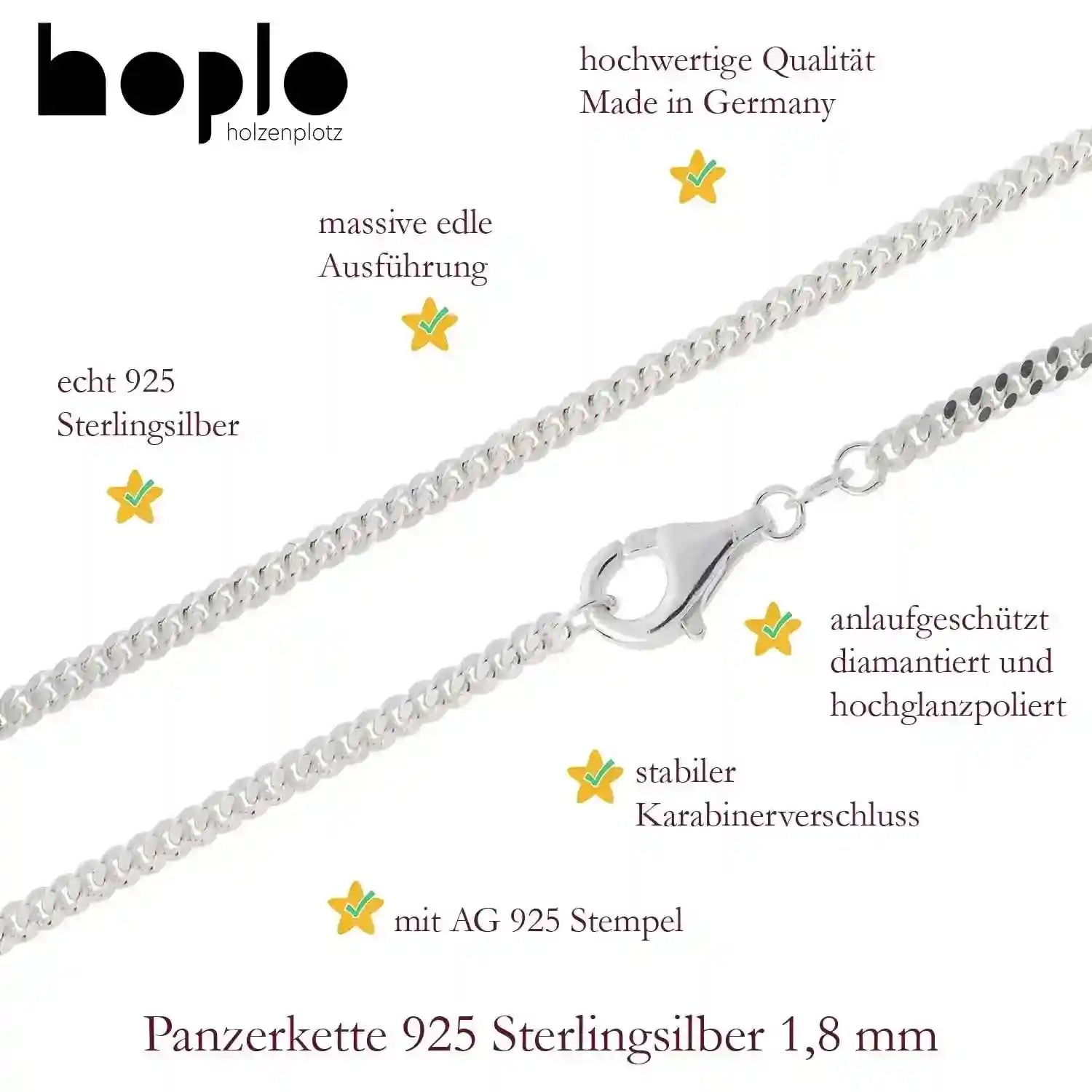 Silberkette Panzerkette Halskette Breite 1,8 mm echt massiv 925 Silber - Firma Holzenplotz - Silberketten-Goldketten.de 