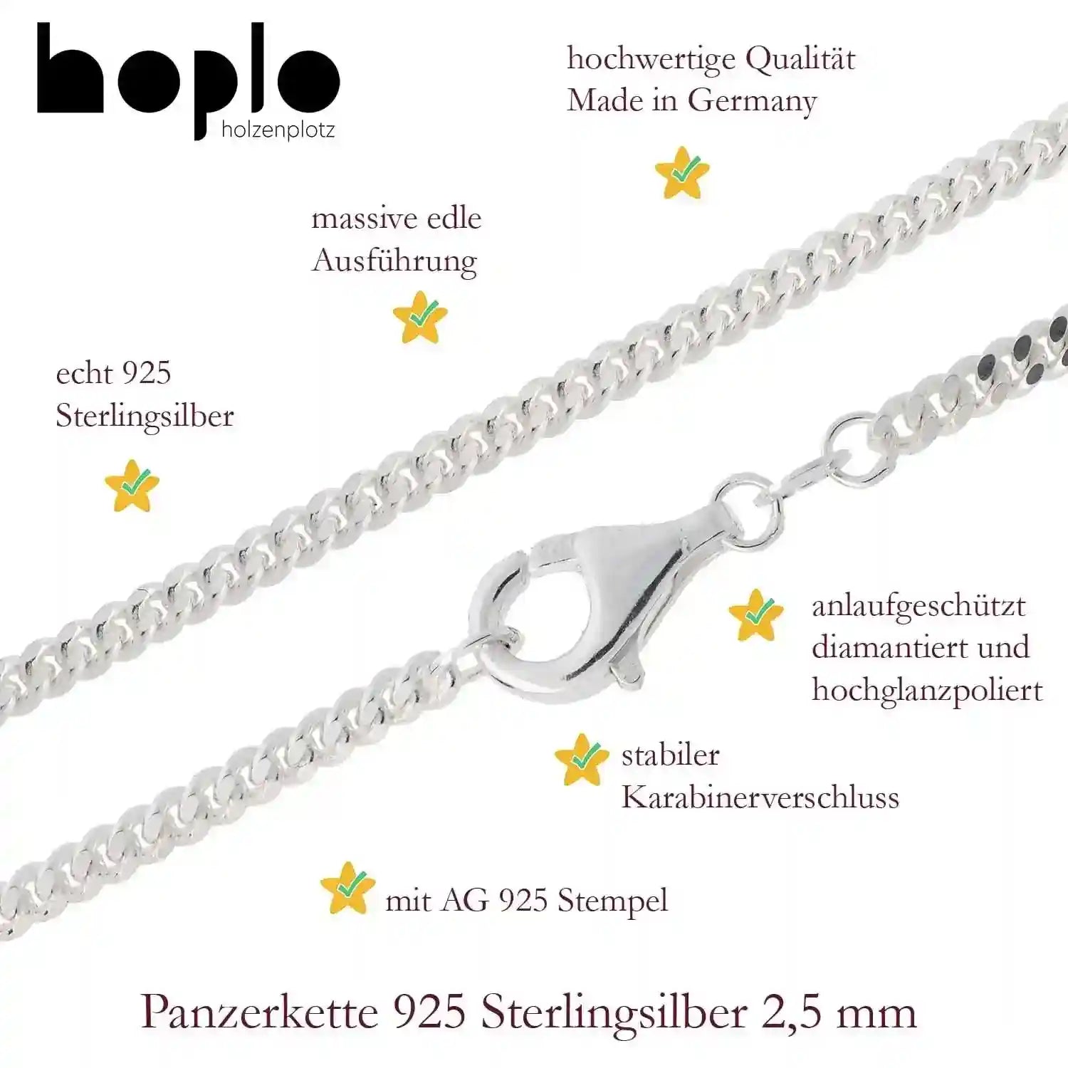 Silberkette Panzerkette Halskette Breite 2,5 mm echt massiv 925 Silber - Firma Holzenplotz - Silberketten-Goldketten.de 