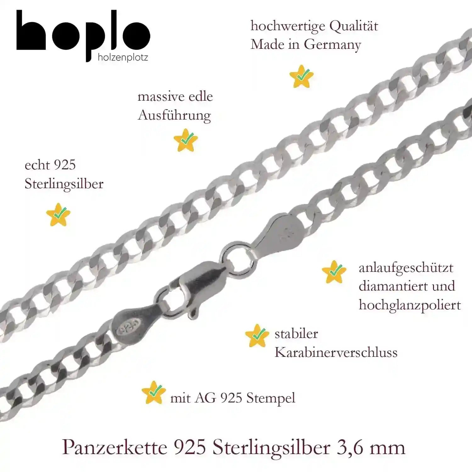 Silberkette Panzerkette Halskette Breite 3,6 mm echt massiv 925 Silber - Firma Holzenplotz - Silberketten-Goldketten.de 
