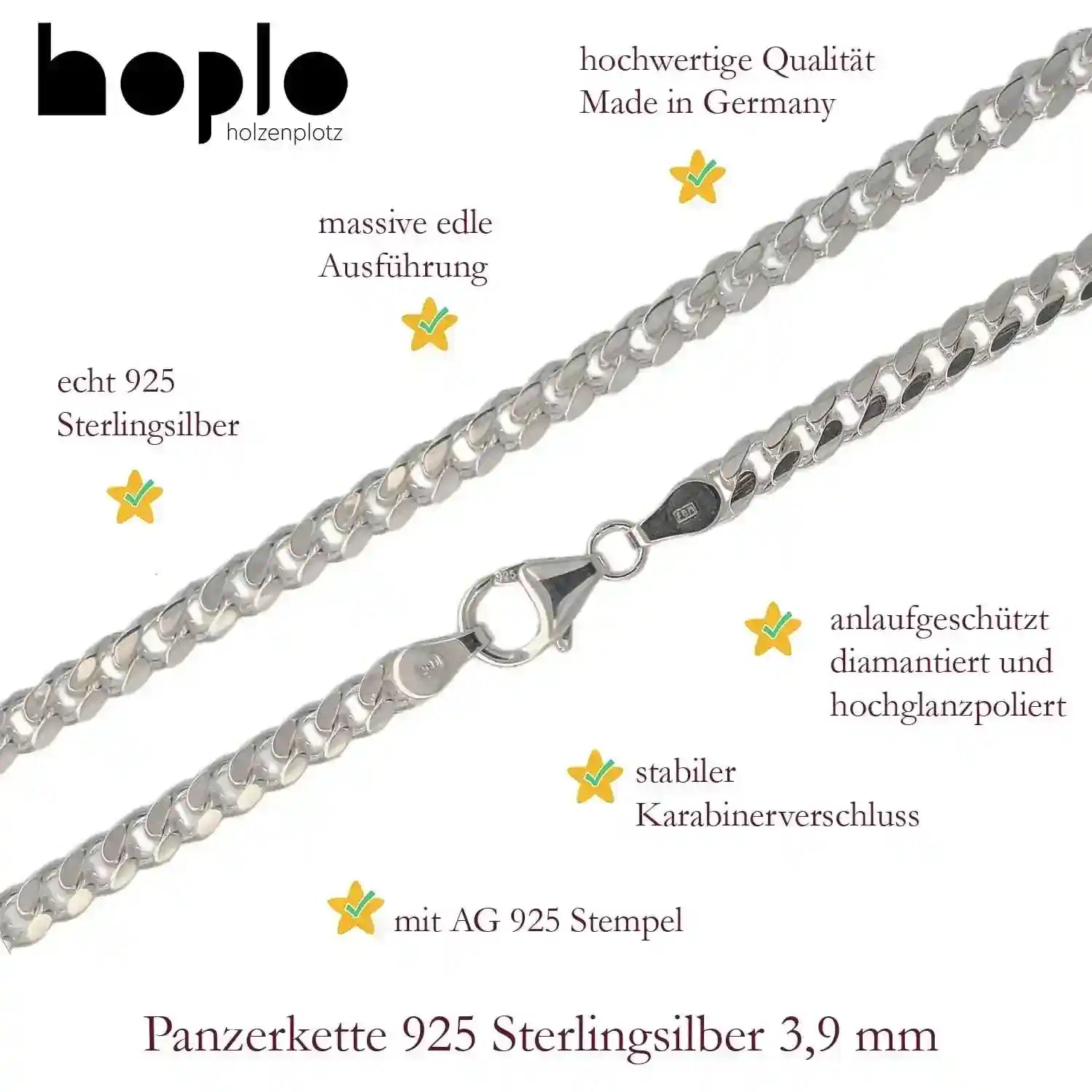 Silberkette Panzerkette Halskette Breite 3,9 mm echt massiv 925 Silber - Firma Holzenplotz - Silberketten-Goldketten.de 