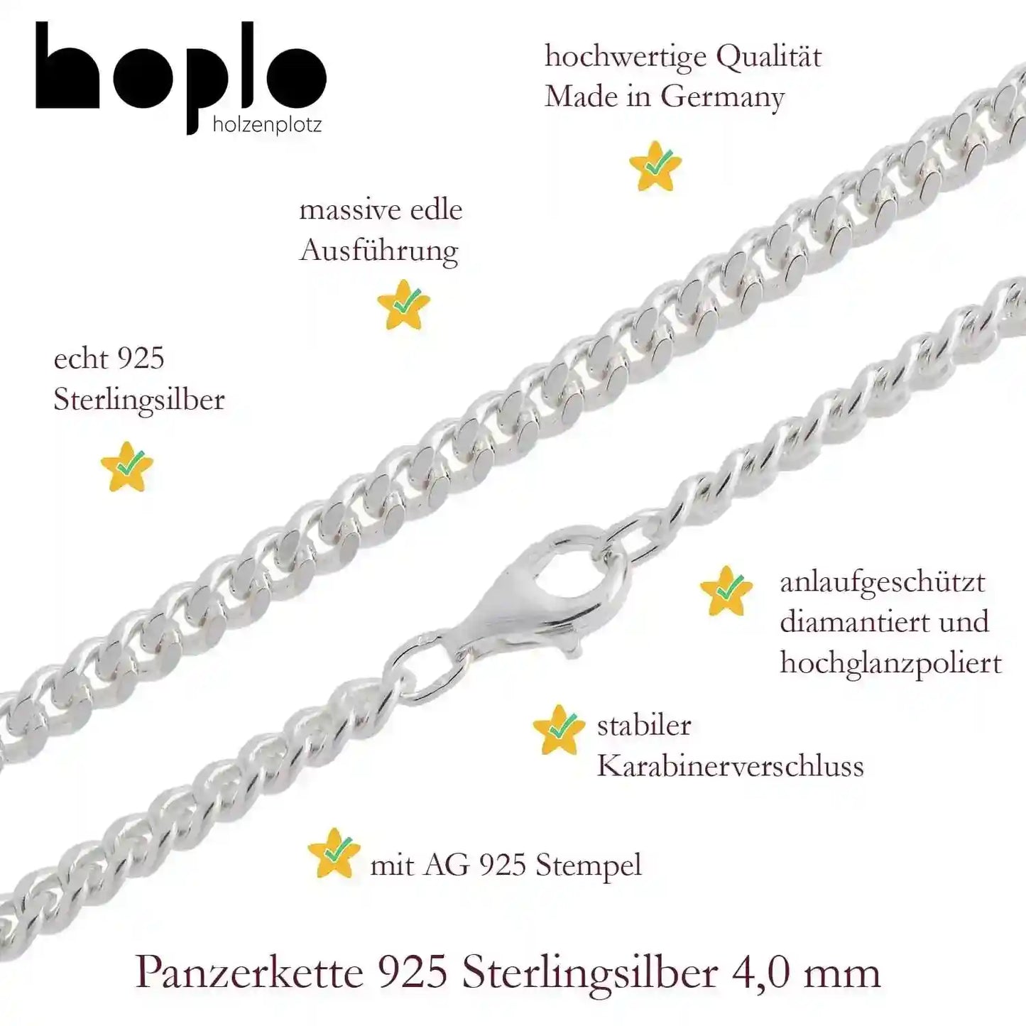 Silberkette Panzerkette Halskette Breite 4,0 mm echt massiv 925 Silber - Firma Holzenplotz - Silberketten-Goldketten.de 
