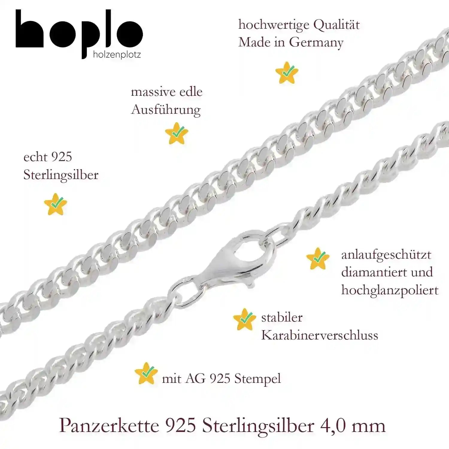 Silberkette Panzerkette Halskette Breite 4,0 mm echt massiv 925 Silber - Firma Holzenplotz - Silberketten-Goldketten.de 