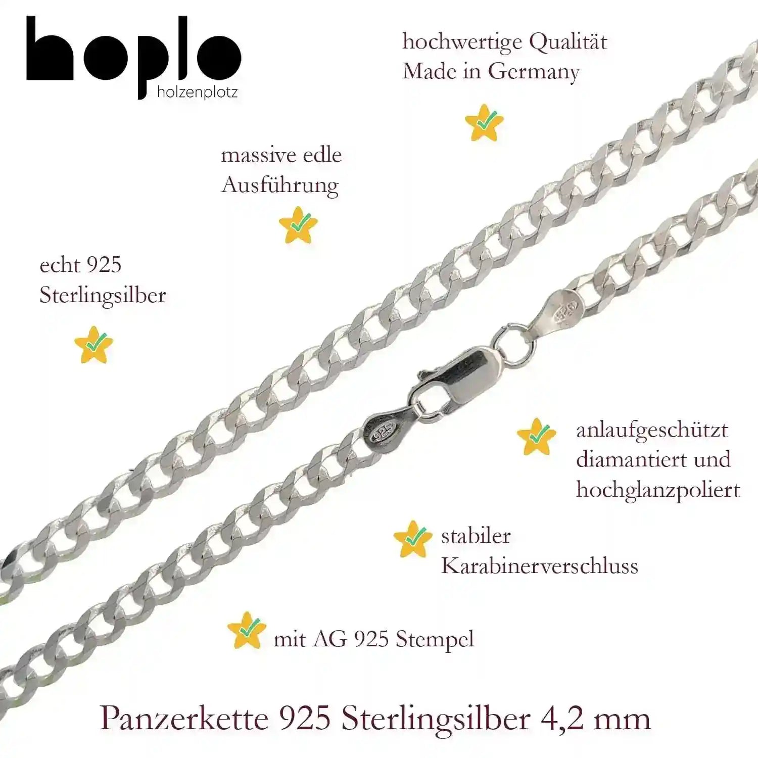 Silberkette Panzerkette Halskette Breite 4,2 mm echt massiv 925 Silber - Firma Holzenplotz - Silberketten-Goldketten.de 