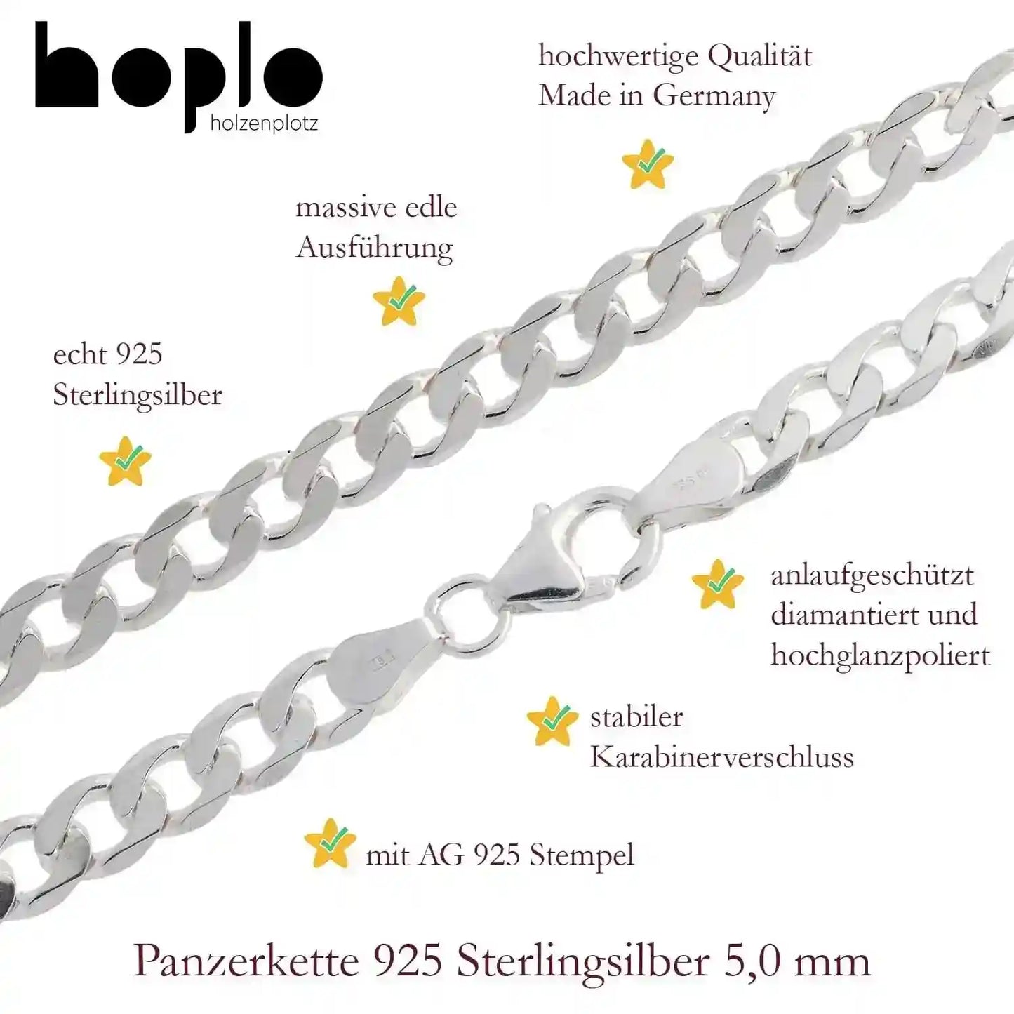 Silberkette Panzerkette Halskette Breite 5,0 mm echt massiv 925 Silber - Firma Holzenplotz - Silberketten-Goldketten.de 