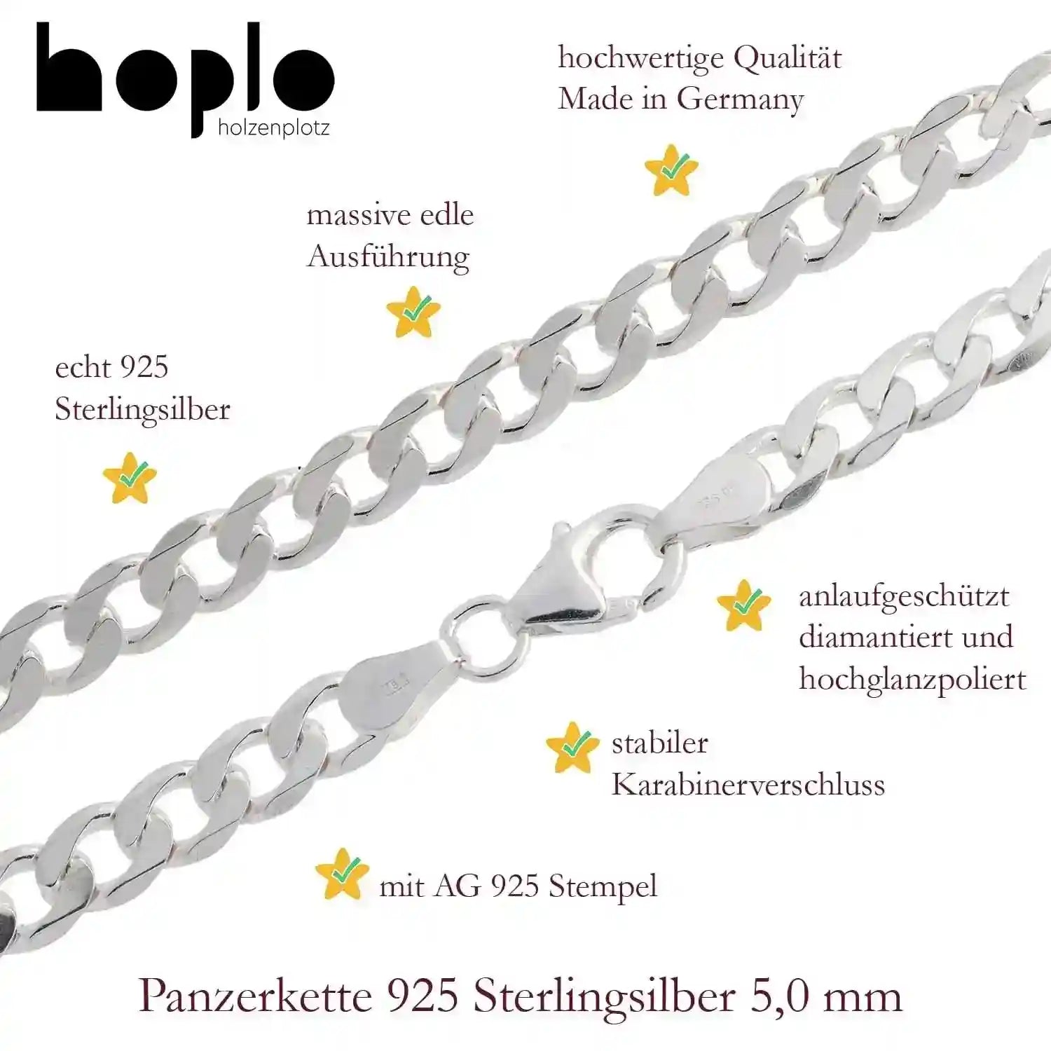 Silberkette Panzerkette Halskette Breite 5,0 mm echt massiv 925 Silber - Firma Holzenplotz - Silberketten-Goldketten.de 