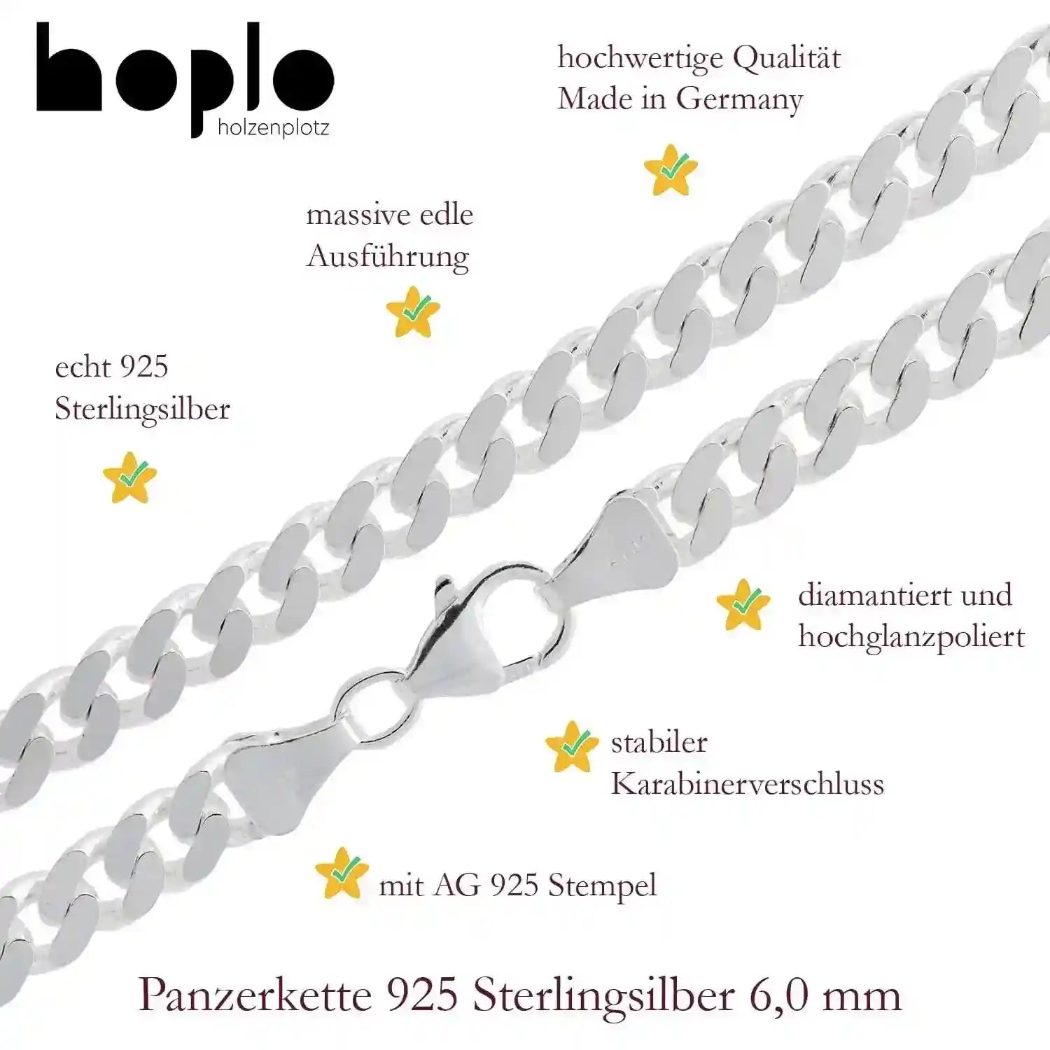 Silberkette Panzerkette Halskette Breite 6,0 mm echt massiv 925 Silber - Firma Holzenplotz - Silberketten-Goldketten.de 