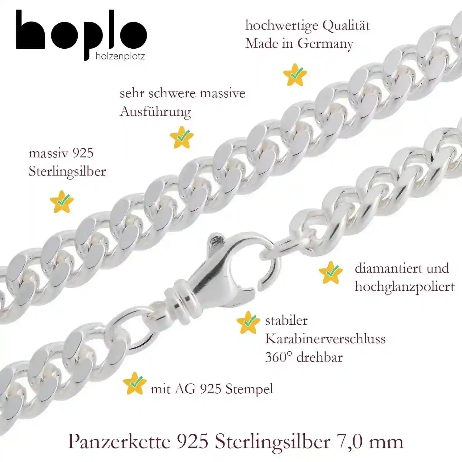 Silberkette Panzerkette Halskette Breite 7,0 mm echt massiv 925 Silber - Firma Holzenplotz - Silberketten-Goldketten.de 
