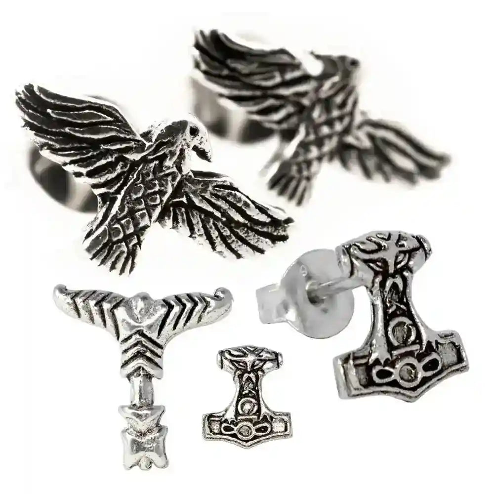 Thor Vikings Ohrstecker SET Thorhammer Irminsul Hugin und Munin Raben - Firma Holzenplotz - Silberketten-Goldketten.de 