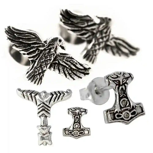 Thor Vikings Ohrstecker SET Thorhammer Irminsul Hugin und Munin Raben - Firma Holzenplotz - Silberketten-Goldketten.de 