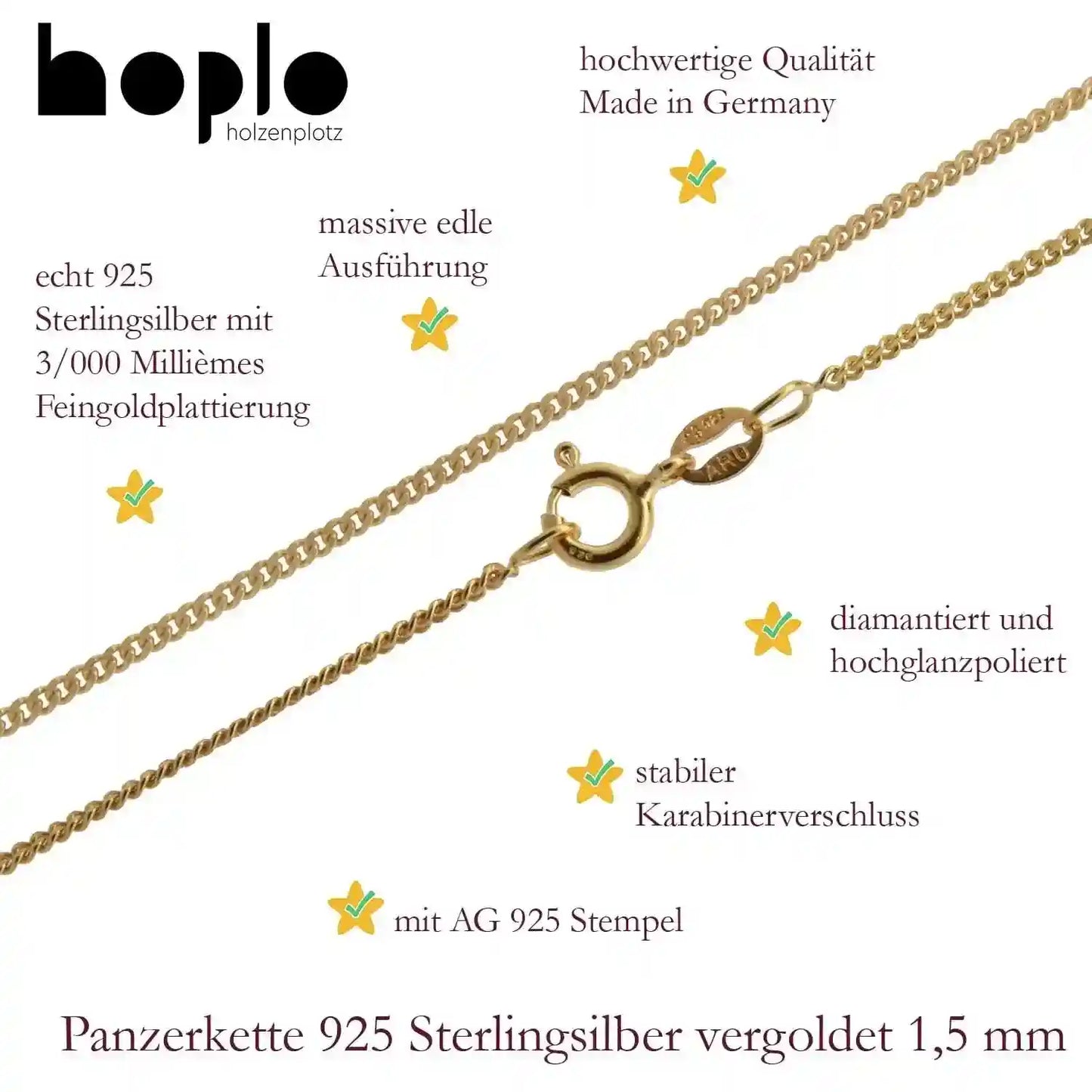 Vergoldete Panzerkette Halskette 1,5 mm 925 Silber Gelbgold plattiert