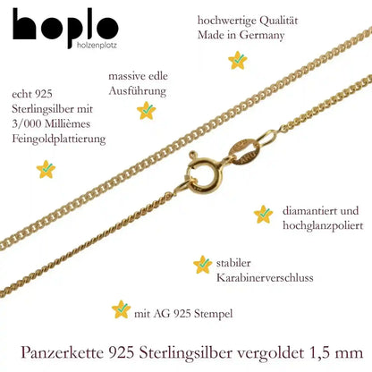 Vergoldete Panzerkette Halskette 1,5 mm 925 Silber Gelbgold plattiert