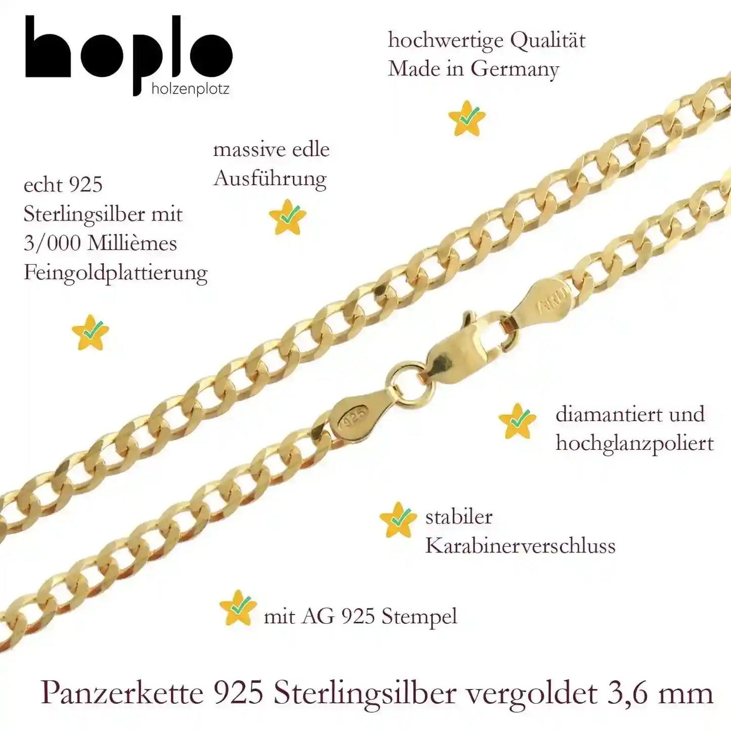 Vergoldete Panzerkette Halskette 3,6 mm 925 Silber Gelbgold plattiert