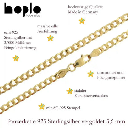 Vergoldete Panzerkette Halskette 3,6 mm 925 Silber Gelbgold plattiert