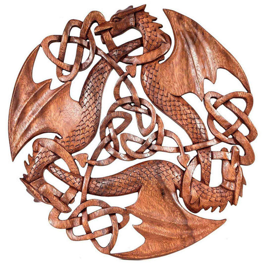 Wandschmuck Wandbild Drei keltische Drachen Holz geschnitztes Ornament