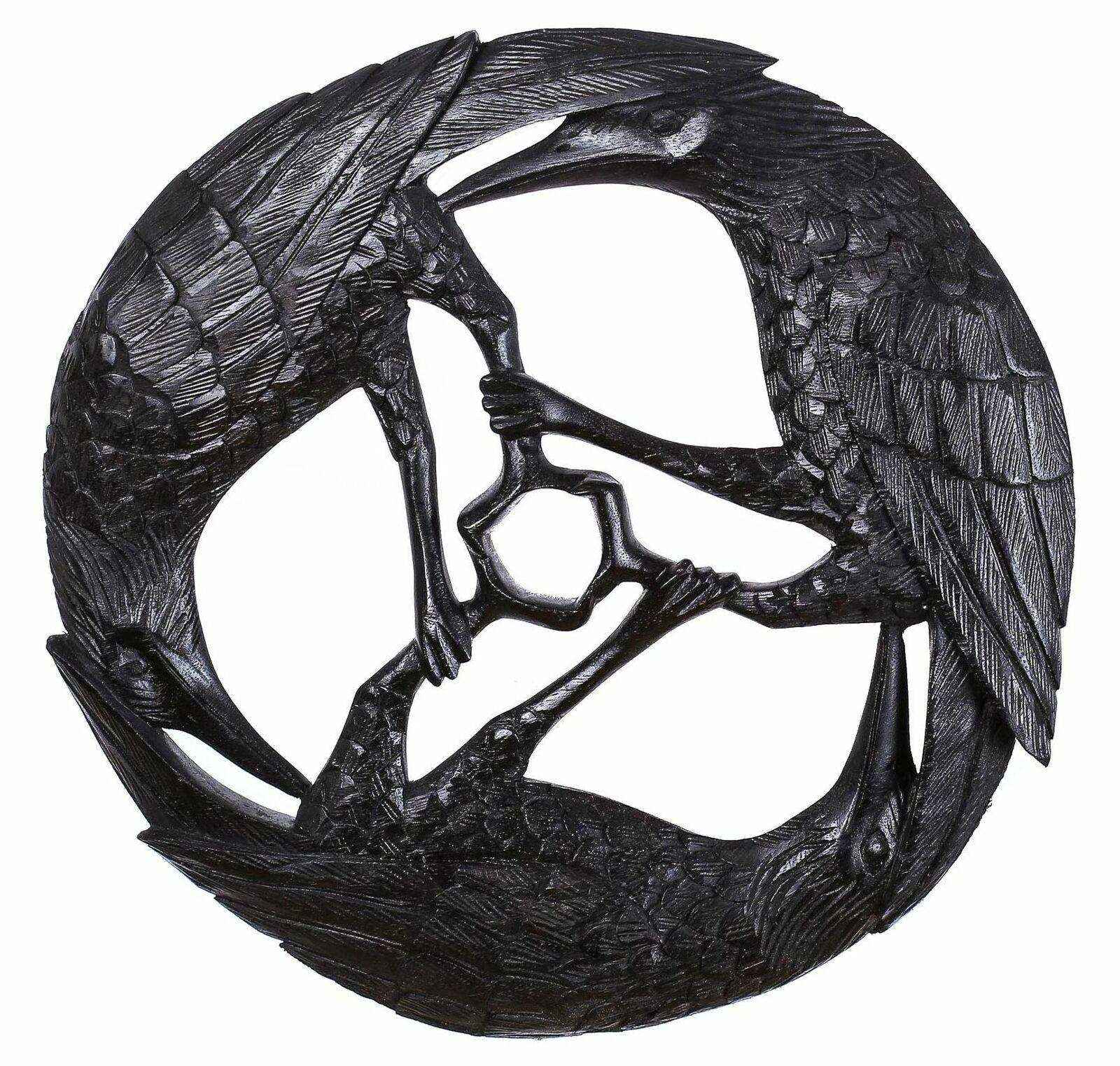 Wandschmuck Wandbild Raben Vögel Wandrelief schwarz geschnitztes Ornament Deko