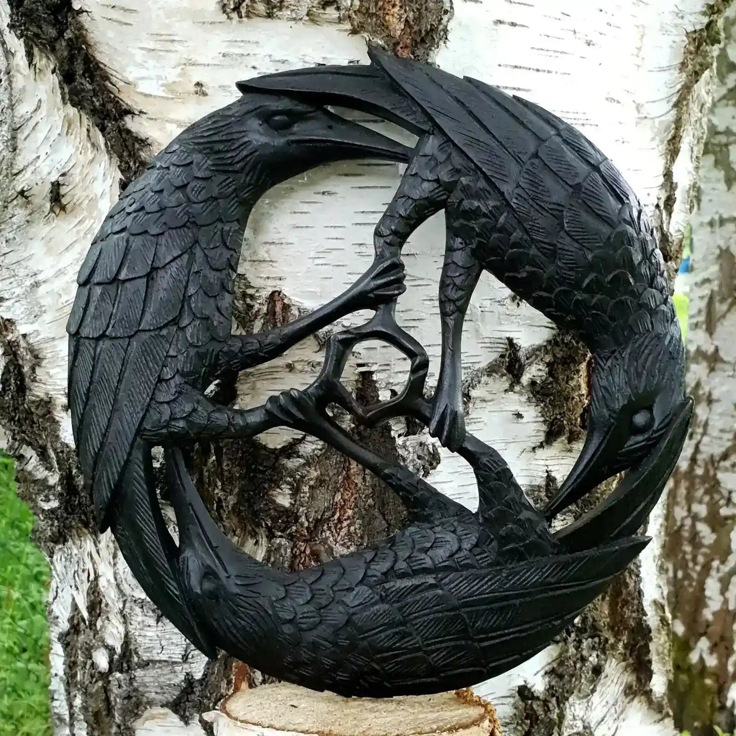 Wandschmuck Wandbild Raben Vögel Wandrelief schwarz geschnitztes Ornament Deko