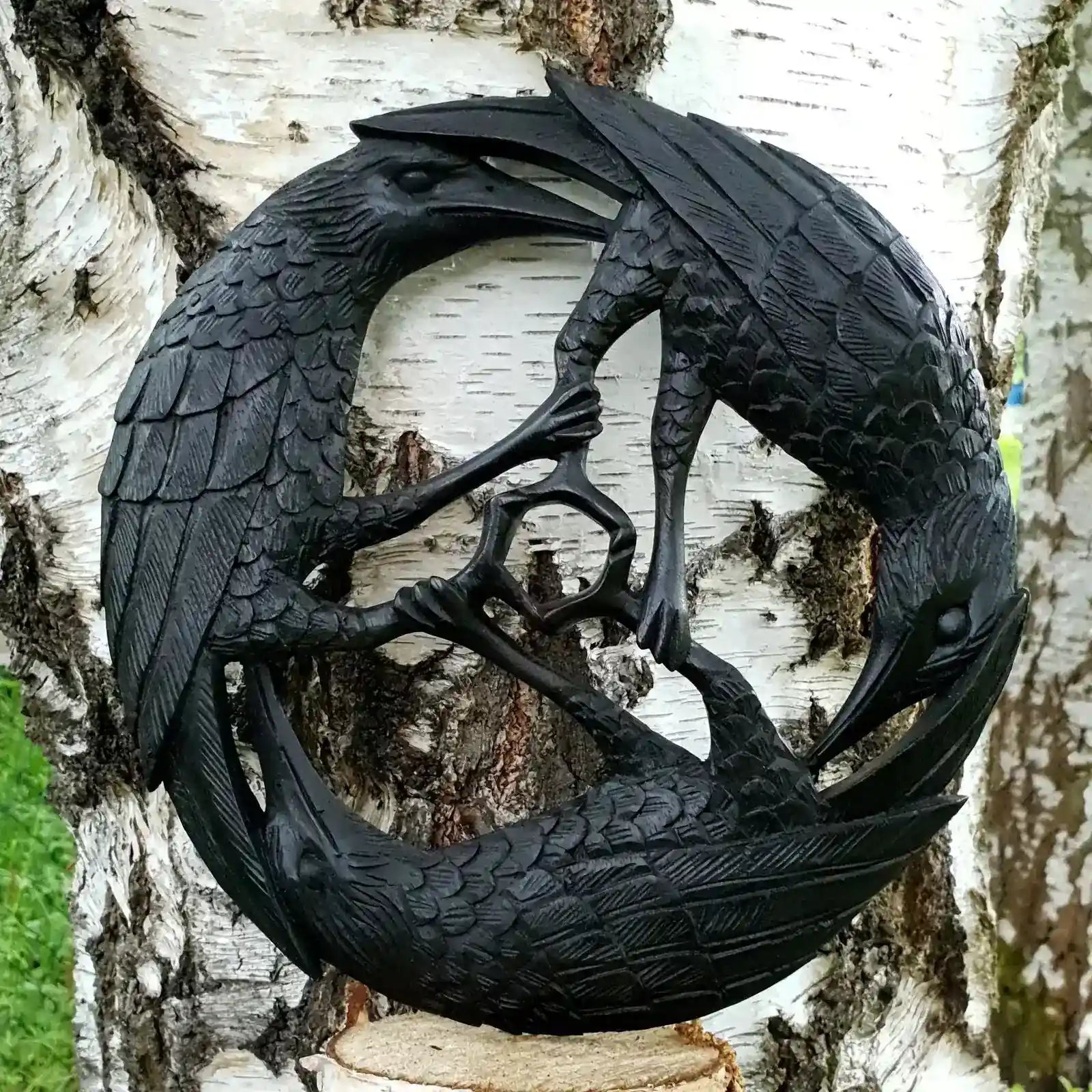 Wandschmuck Wandbild Raben Vögel Wandrelief schwarz geschnitztes Ornament Deko