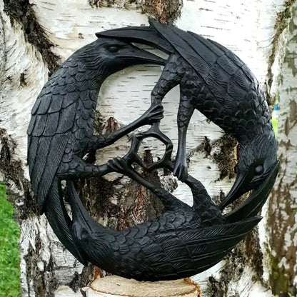 Wandschmuck Wandbild Raben Vögel Wandrelief schwarz geschnitztes Ornament Deko