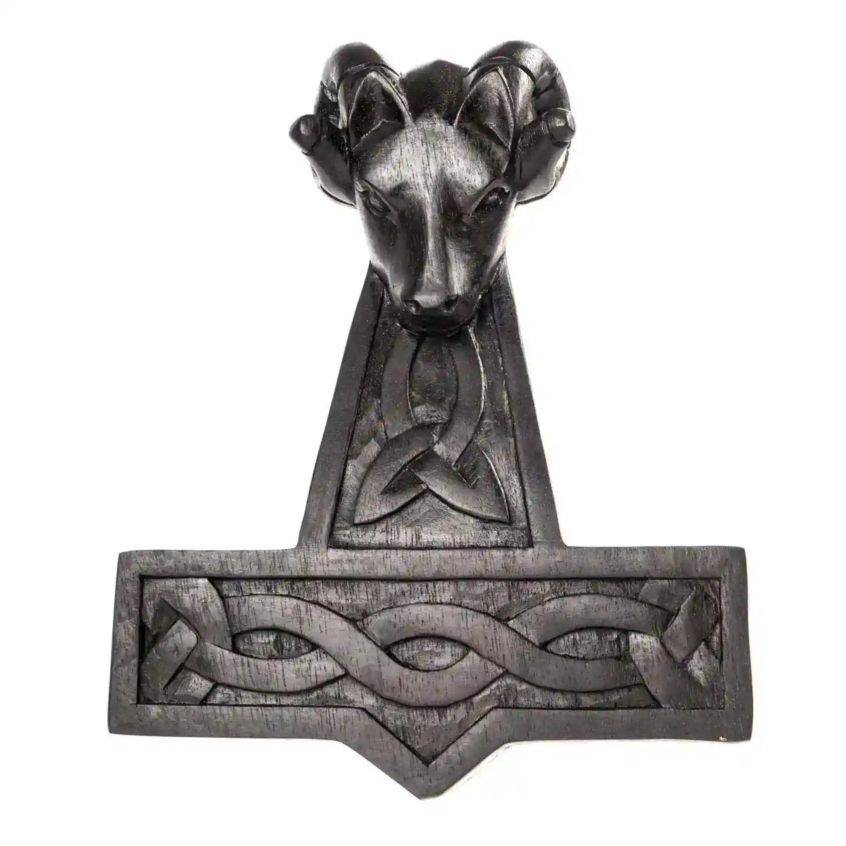 Widder Hammer Thorshammer Wandschmuck Holz handgeschnitzt schwarz