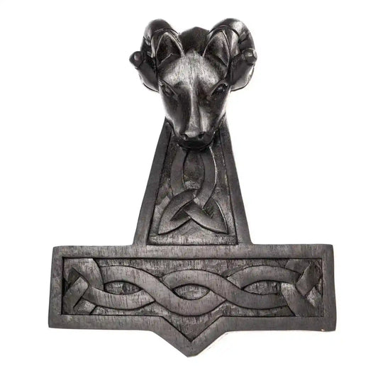 Widder Hammer Thorshammer Wandschmuck Holz handgeschnitzt schwarz