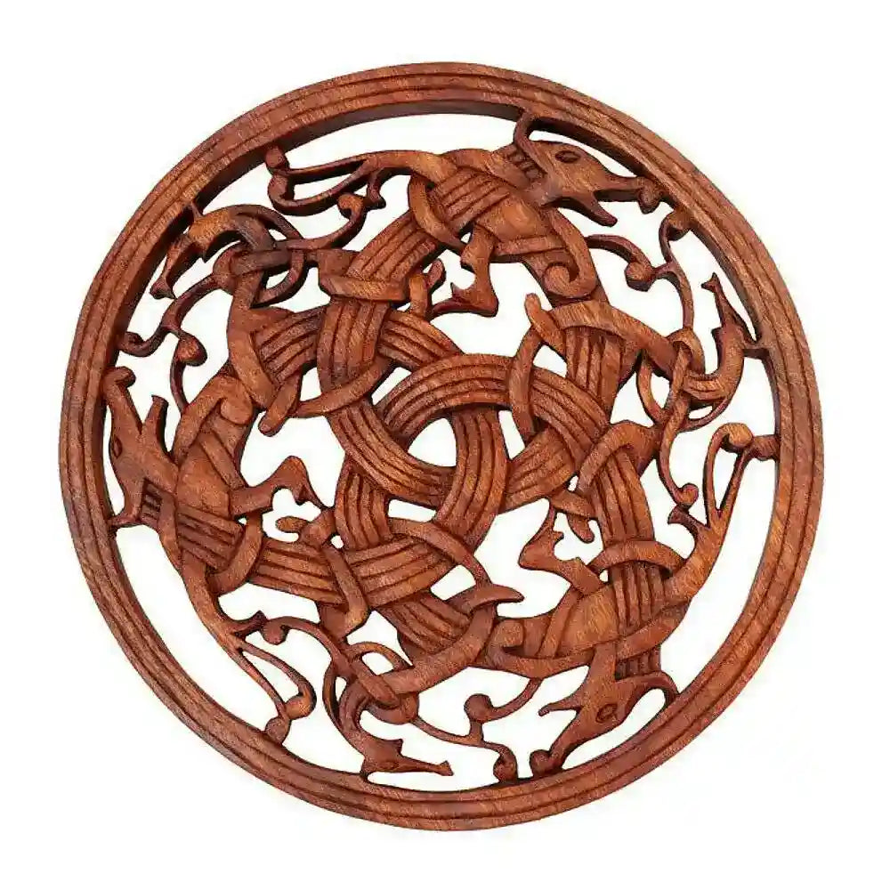 Wikinger Wandbild Drei Drachen keltischer Knoten geschnitztes Ornament Holzbild