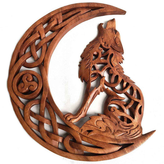 Wolf heulend Mond Wandschmuck Wandbild keltische Knoten Holz 36cm