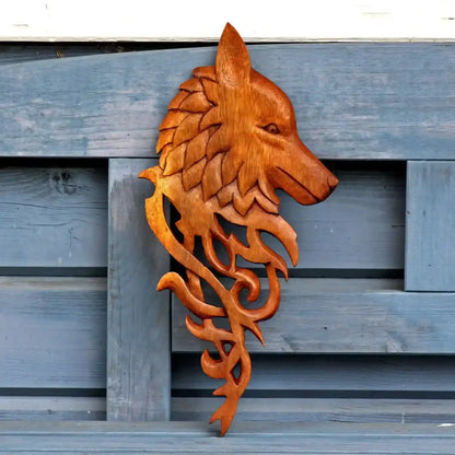 Wolf Wandschmuck Wand Deko Wandbild keltische Knoten Holz rechts schau - Firma Holzenplotz - Silberketten-Goldketten.de 