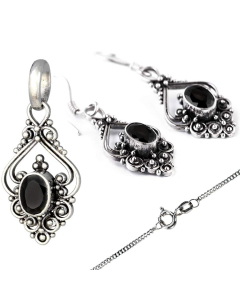92.95 Jugendstil Schmuck Set Silberanhänger, Kette, Ohrringen mit schwarzem Kristall 925er Silber 900-AS30-OH83-SET-schwarz Ohrschmuck