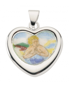 Anhänger Medaille Herz mit Engel Amor emailliert Kettenanhänger aus massiv 925 Sterlingsilber
