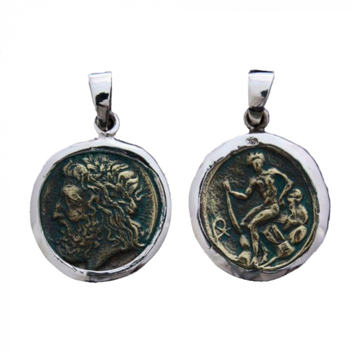 Anhänger Münze Göttervater Zeus 925er Silber Schmuck - Vögel - 36x14mm