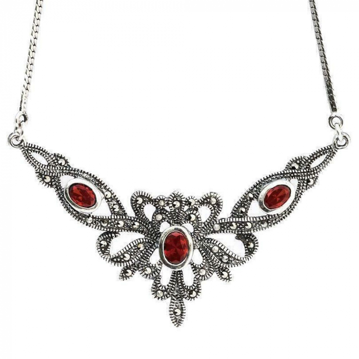 Elegantes Collier Mittelalter Gothic Vintage Jugendstil  Granat mit Schmuckstein Anhänger 925er Silber