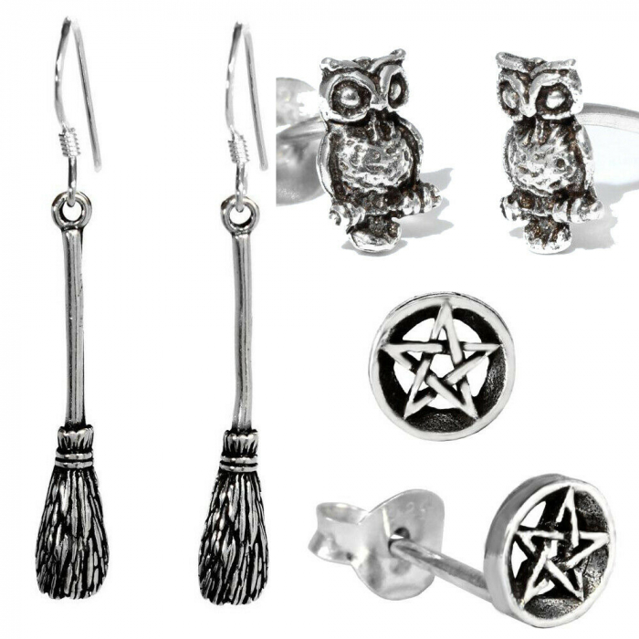 Magie Hexe Pentagramm Besen Zauber Eule Ohrstecker Ohrringe Ohrhänger Set 
