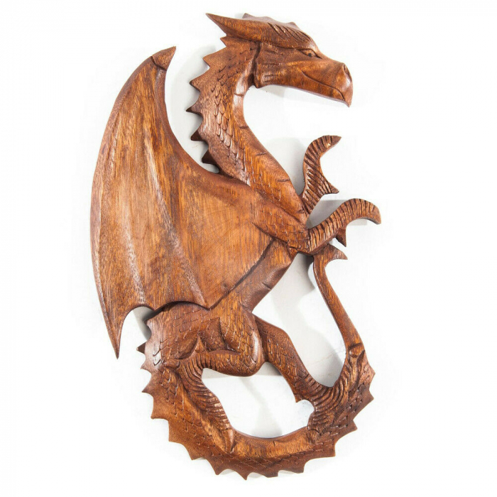 Wandschmuck Drache nach rechts schauend Holz geschnitztes Ornament Holzbild