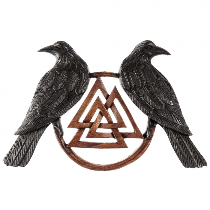 Wandbild Wandschmuck Wotansknoten mit Raben Hunin Munin braun schwarz - aus Holz