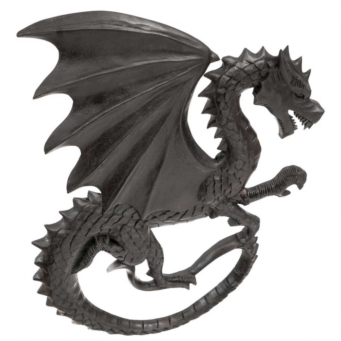 Großer Drache Schwarz Handarbeit Wandbild Holz geschnitztes Ornament Wandrelief