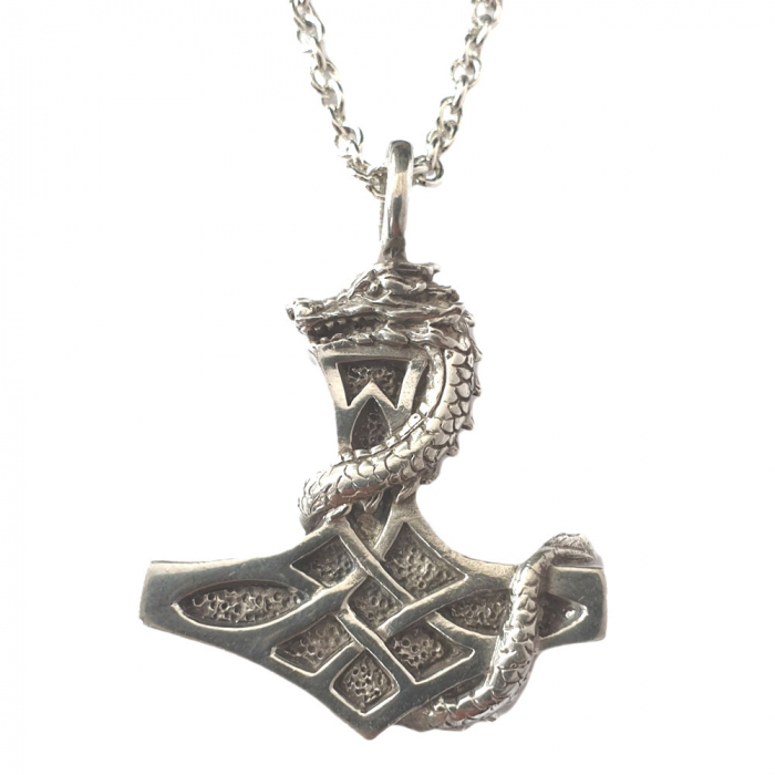Thorhammer Drache Schmuck Anhänger Hartzinn mit Kette 45x 34 mm