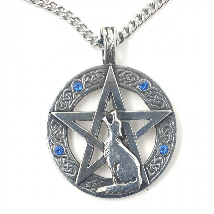 Heulender Wolf Pentagramm Amulett versilbert Talisman 31 mm
