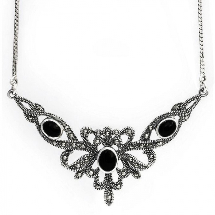 Elegantes Collier Mittelalter Gothic Vintage Jugendstil Onyx Anhänger 925er Silber