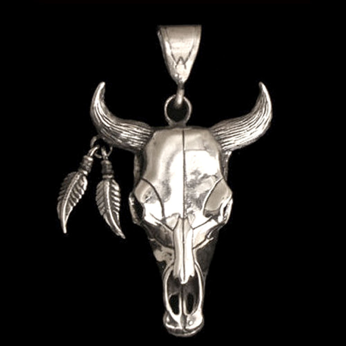 Büffelschädel sehr groß Schmuck Anhänger 925er Silber 65x38mm (inklusive Aufhängung)