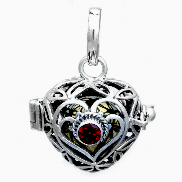 Herz Medallion mit Klangkugel zum Öffnen mit rotem Zirkonia 925er Silber 2.7 cm 