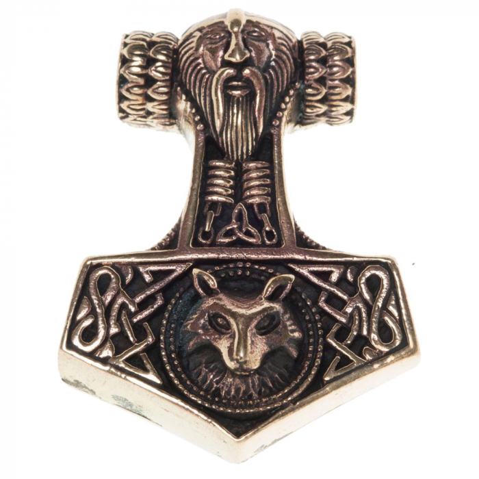 Thorhammer mit Odins Kopf Bronze Anhänger Schmuck - Thorhammer - 43x31mm