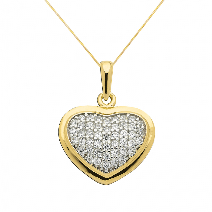Anhänger Herz aus Gold mit Zirkonia Steinen rhodiniert aus massiv 333 - 8 kt Gelbgold  mit massiver Goldkette