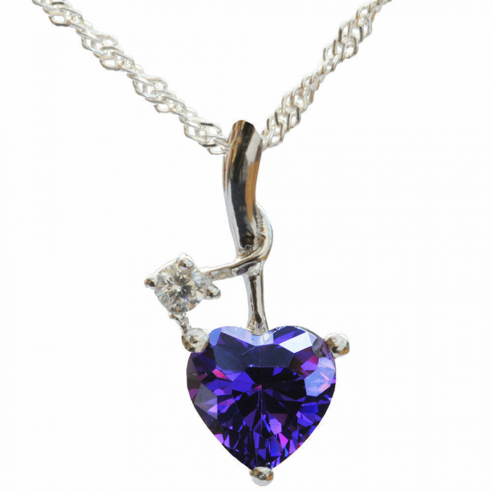 Anhänger Herz mit violettem Zirkonia Herz und weißem Zirkonia Stein mit Singapur