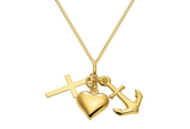 Hier können Sie sich Gold Anhängern mit Motiv Glaube Liebe Hoffnung anzeigen lassen